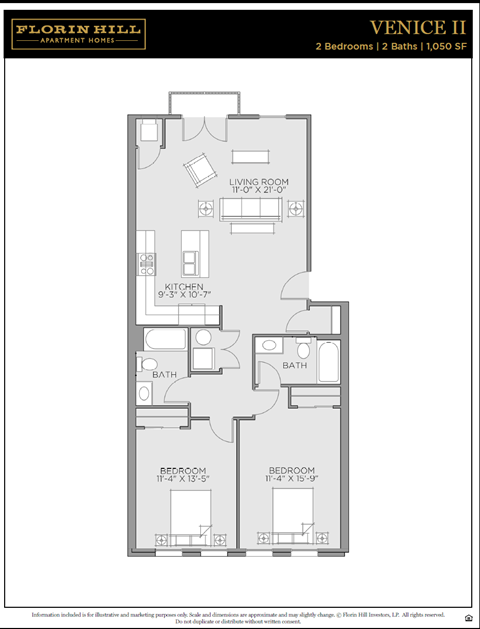 Floor plan for 2 beds, 2 baths, 1050 sqft